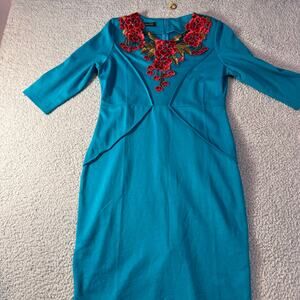 Homeyee blue cotton blend dress with floral appliqué around collar sz 10-12 (L)